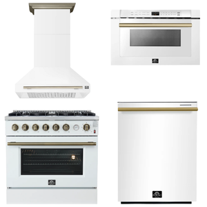 FORNO Appliance Package - 36" Gas Range, Range Hood, Dishwasher, Microwave in White with Antique Brass Accents