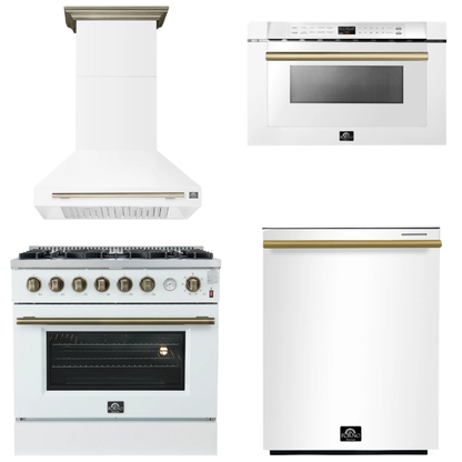 FORNO Appliance Package - 36" Gas Range, Range Hood, Dishwasher, Microwave in White with Antique Brass Accents