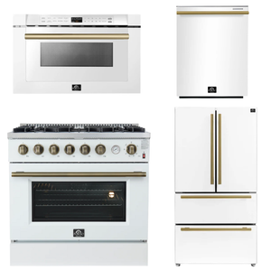 FORNO Appliance Package - 36" Gas Range, 36" Refrigerator, Dishwasher, Microwave in White with Antique Brass Accents