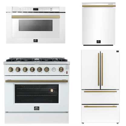 FORNO Appliance Package - 36" Gas Range, 36" Refrigerator, Dishwasher, Microwave in White with Antique Brass Accents