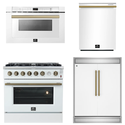FORNO Appliance Package - 36" Gas Range, 60" Refrigerator, Dishwasher, Microwave in White with Antique Brass Accents
