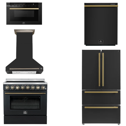 FORNO Appliance Package - 36" Electric Range, Range Hood, 36" Refrigerator, Dishwasher, Microwave in Black with Antique Brass Accents
