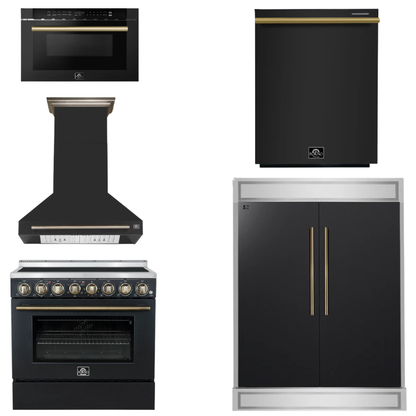 FORNO Appliance Package - 36" Electric Range, Range Hood, 60" Refrigerator, Dishwasher, Microwave in Black with Antique Brass Accents