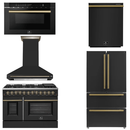 FORNO Appliance Package - 48" Electric Range, Range Hood, 36" Refrigerator, Dishwasher, Microwave in Black with Antique Brass Accents