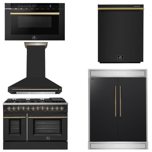 FORNO Appliance Package - 48" Electric Range, Range Hood, 60" Refrigerator, Dishwasher, Microwave in Black with Antique Brass Accents