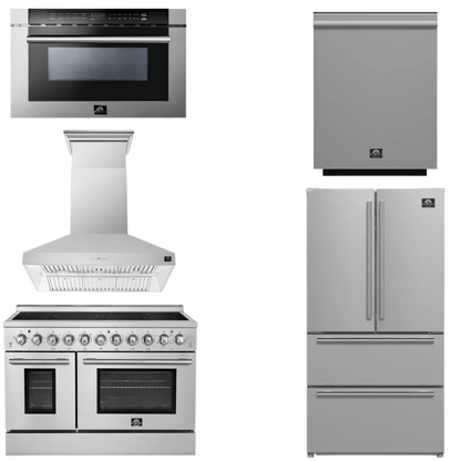 FORNO Appliance Package - 48" Electric Range, Range Hood, 36" Refrigerator, Dishwasher, 24" Microwave Drawer