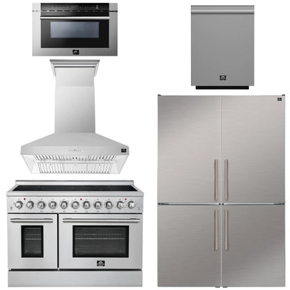 FORNO Appliance Package - 48" Electric Range, Range Hood, 48" Refrigerator, Dishwasher, 24" Microwave Drawer