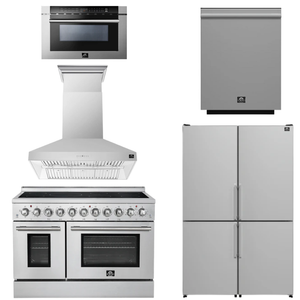 FORNO Appliance Package - 48" Electric Range, Range Hood, 48" Refrigerator, Dishwasher, 24" Microwave Drawer