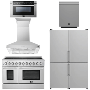 FORNO Appliance Package - 48" Electric Range, Range Hood, 48" Refrigerator, Dishwasher, 24" Microwave Drawer