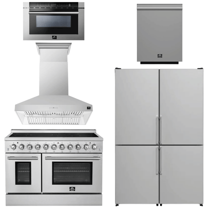 FORNO Appliance Package - 48" Electric Range, Range Hood, 48" Refrigerator, Dishwasher, 24" Microwave Drawer