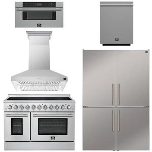 FORNO Appliance Package - 48" Electric Range, Range Hood, 48" Refrigerator, Dishwasher, 30" Microwave Drawer