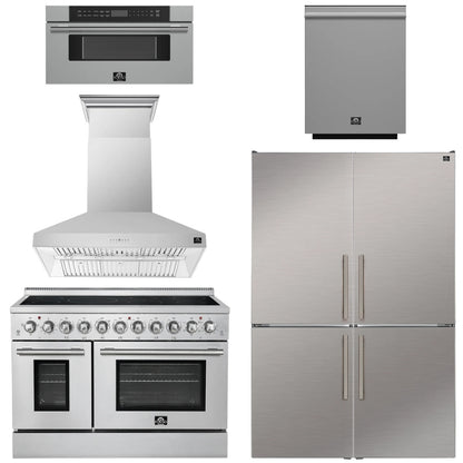 FORNO Appliance Package - 48" Electric Range, Range Hood, 48" Refrigerator, Dishwasher, 30" Microwave Drawer