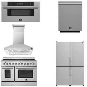 FORNO Appliance Package - 48" Electric Range, Range Hood, 48" Refrigerator, Dishwasher, 30" Microwave Drawer