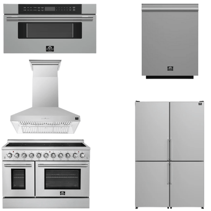 FORNO Appliance Package - 48" Electric Range, Range Hood, 48" Refrigerator, Dishwasher, 30" Microwave Drawer