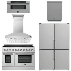 FORNO Appliance Package - 48" Electric Range, Range Hood, 48" Refrigerator, Dishwasher, 30" Microwave Drawer