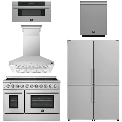 FORNO Appliance Package - 48" Electric Range, Range Hood, 48" Refrigerator, Dishwasher, 30" Microwave Drawer