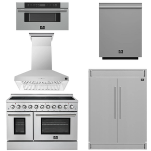 FORNO Appliance Package - 48" Electric Range, Range Hood, 60" Refrigerator, Dishwasher, 30" Microwave Drawer