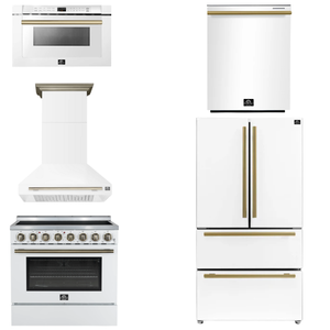 FORNO Appliance Package - 36" Electric Range, Range Hood, 36" Refrigerator, Dishwasher, Microwave in White with Antique Brass Accents