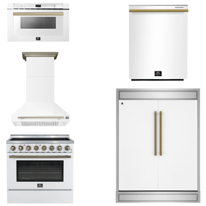 FORNO Appliance Package - 36" Electric Range, Range Hood, 60" Refrigerator, Dishwasher, Microwave in White with Antique Brass Accents