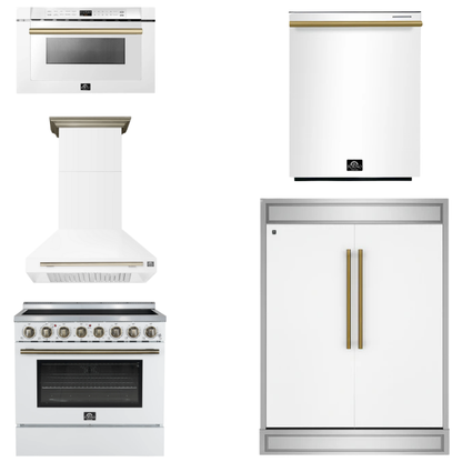 FORNO Appliance Package - 36" Electric Range, Range Hood, 60" Refrigerator, Dishwasher, Microwave in White with Antique Brass Accents