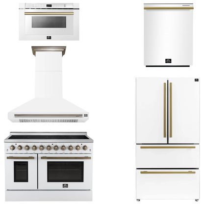 FORNO Appliance Package - 48" Electric Range, Range Hood, 36" Refrigerator, Dishwasher, Microwave in White with Antique Brass Accents