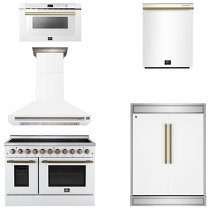 FORNO Appliance Package - 48" Electric Range, Range Hood, 60" Refrigerator, Dishwasher, Microwave in White with Antique Brass Accents
