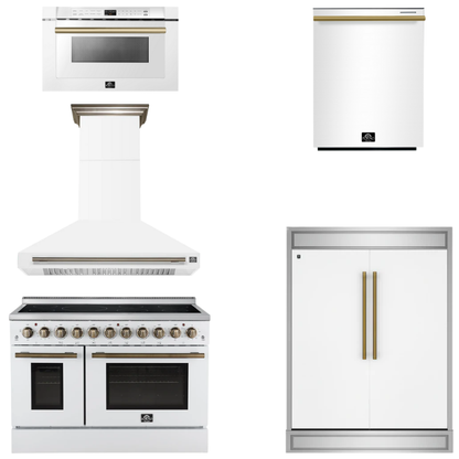 FORNO Appliance Package - 48" Electric Range, Range Hood, 60" Refrigerator, Dishwasher, Microwave in White with Antique Brass Accents