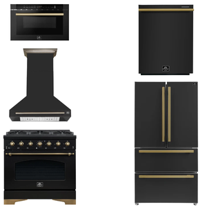 FORNO Espresso Package - 36" Dual Fuel Range, Range Hood, 36" Refrigerator, Dishwasher, Microwave in Black with Antique Brass Accents