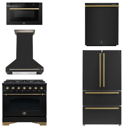 FORNO Espresso Package - 36" Dual Fuel Range, Range Hood, 36" Refrigerator, Dishwasher, Microwave in Black with Antique Brass Accents