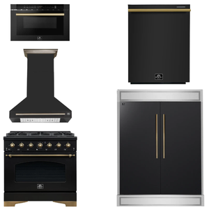 FORNO Espresso Package - 36" Dual Fuel Range, Range Hood, 60" Refrigerator, Dishwasher, Microwave in Black with Antique Brass Accents