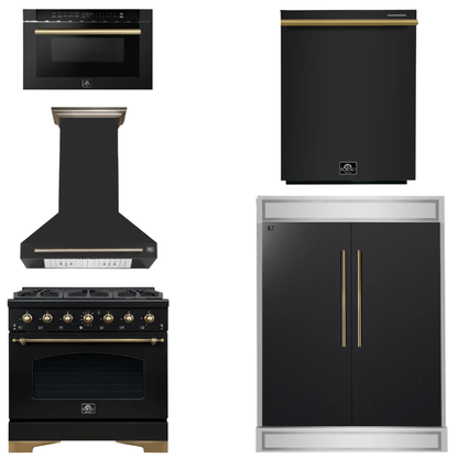 FORNO Espresso Package - 36" Dual Fuel Range, Range Hood, 60" Refrigerator, Dishwasher, Microwave in Black with Antique Brass Accents