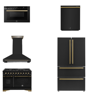 FORNO Espresso Package - 48" Dual Fuel Range, Range Hood, 36" Refrigerator, Dishwasher, Microwave in Black with Antique Brass Accents