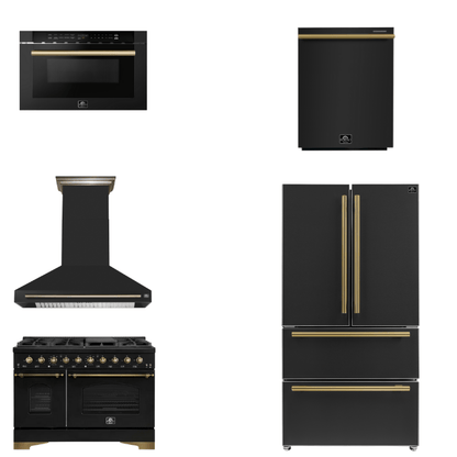FORNO Espresso Package - 48" Dual Fuel Range, Range Hood, 36" Refrigerator, Dishwasher, Microwave in Black with Antique Brass Accents