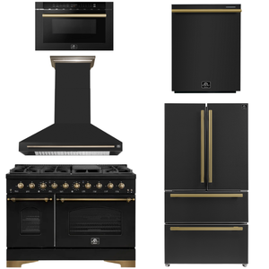 FORNO Espresso Package - 48" Dual Fuel Range, Range Hood, 36" Refrigerator, Dishwasher, Microwave in Black with Antique Brass Accents