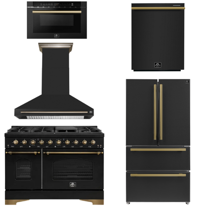 FORNO Espresso Package - 48" Dual Fuel Range, Range Hood, 36" Refrigerator, Dishwasher, Microwave in Black with Antique Brass Accents