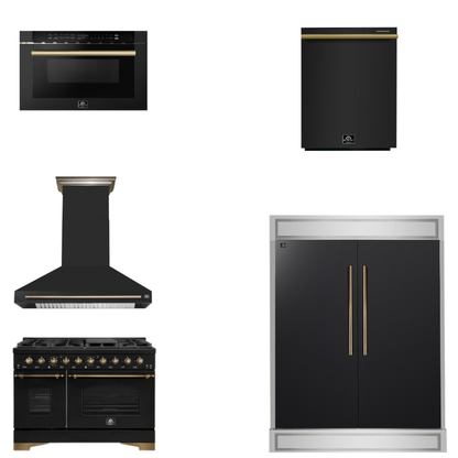FORNO Espresso Package - 48" Dual Fuel Range, Range Hood, 60" Refrigerator, Dishwasher, Microwave in Black with Antique Brass Accents