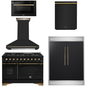FORNO Espresso Package - 48" Dual Fuel Range, Range Hood, 60" Refrigerator, Dishwasher, Microwave in Black with Antique Brass Accents
