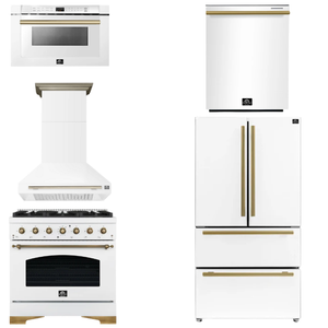 FORNO Espresso Package - 36" Dual Fuel Range, Range Hood, 36" Refrigerator, Dishwasher, Microwave in White with Antique Brass Accents