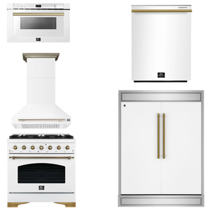 FORNO Espresso Package - 36" Dual Fuel Range, Range Hood, 60" Refrigerator, Dishwasher, Microwave in White with Antique Brass Accents
