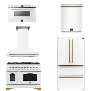 FORNO Espresso Package - 48" Dual Fuel Range, Range Hood, 36" Refrigerator, Dishwasher, Microwave in White with Antique Brass Accents