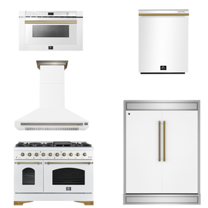 FORNO Espresso Package - 48" Dual Fuel Range, Range Hood, 60" Refrigerator, Dishwasher, Microwave in White with Antique Brass Accents
