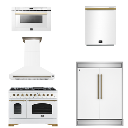 FORNO Espresso Package - 48" Dual Fuel Range, Range Hood, 60" Refrigerator, Dishwasher, Microwave in White with Antique Brass Accents