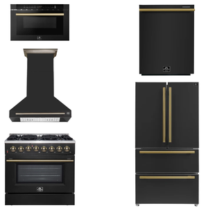 FORNO Appliance Package - 36" Dual Fuel Range, Range Hood, 36" Refrigerator, Dishwasher, Microwave in Black with Antique Brass Accents
