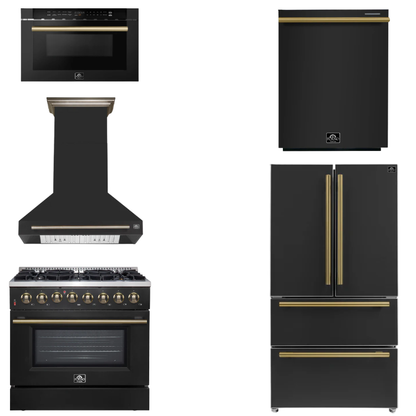 FORNO Appliance Package - 36" Dual Fuel Range, Range Hood, 36" Refrigerator, Dishwasher, Microwave in Black with Antique Brass Accents