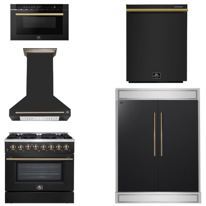 FORNO Appliance Package - 36" Dual Fuel Range, Range Hood, 60" Refrigerator, Dishwasher, Microwave in Black with Antique Brass Accents