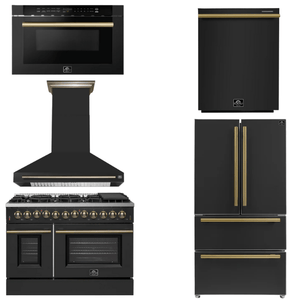 FORNO Appliance Package - 48" Dual Fuel Range, Range Hood, 36" Refrigerator, Dishwasher, Microwave in Black with Antique Brass Accents