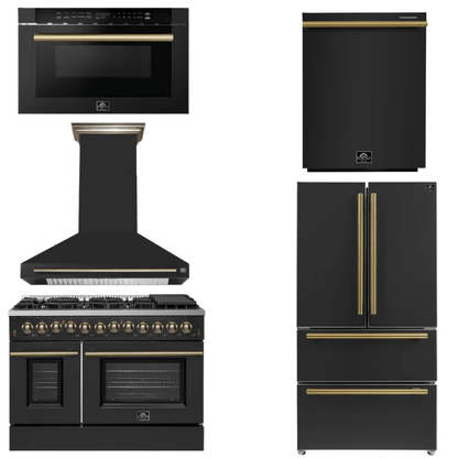 FORNO Appliance Package - 48" Dual Fuel Range, Range Hood, 36" Refrigerator, Dishwasher, Microwave in Black with Antique Brass Accents