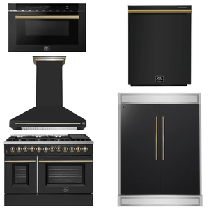 FORNO Appliance Package - 48" Dual Fuel Range, Range Hood, 60" Refrigerator, Dishwasher, Microwave in Black with Antique Brass Accents