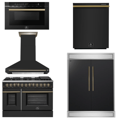 FORNO Appliance Package - 48" Dual Fuel Range, Range Hood, 60" Refrigerator, Dishwasher, Microwave in Black with Antique Brass Accents
