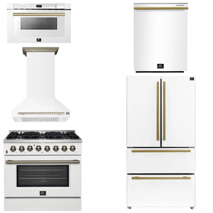 FORNO Appliance Package - 36" Dual Fuel Range, Range Hood, 36" Refrigerator, Dishwasher, Microwave in White with Antique Brass Accents
